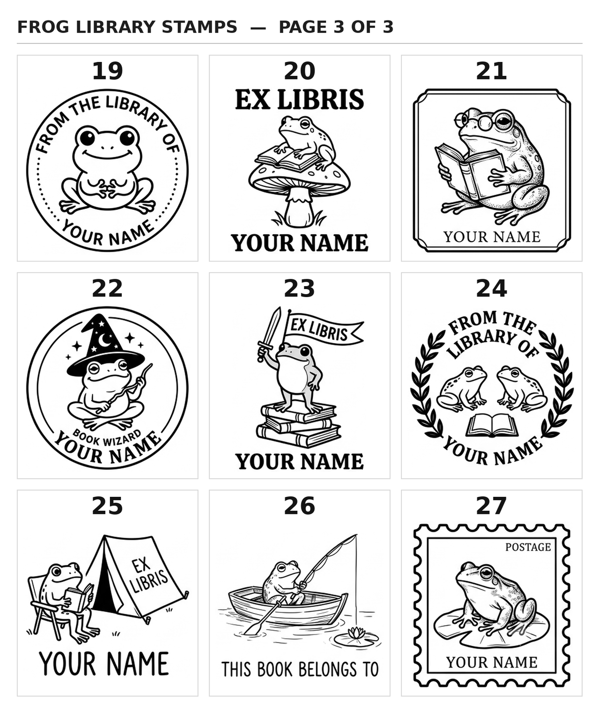 Frog library stamp designs 19-27: vintage engraved frog book stamps including wizard, camping and postage frog