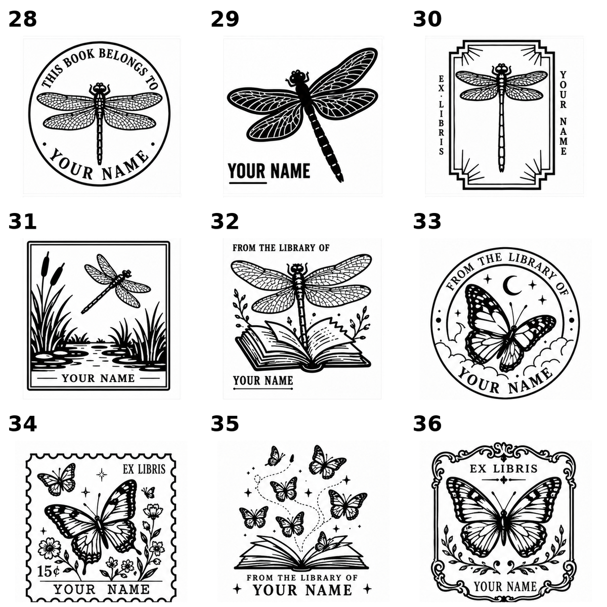 Insect library stamp designs 28 to 36, botanical and insect frame motifs