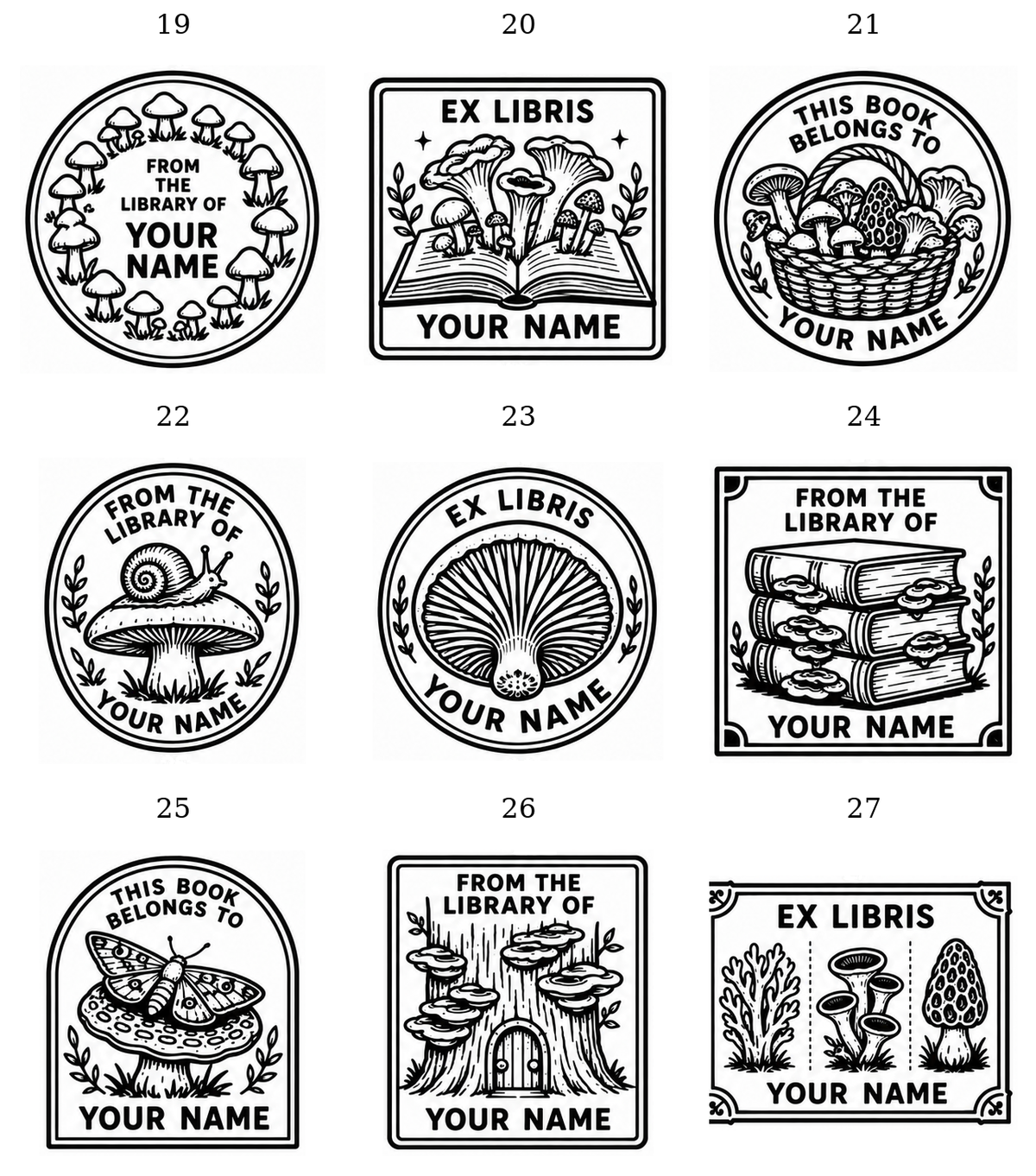 Mushroom library stamp designs 19 to 27, toadstools and fungi bookplate frames