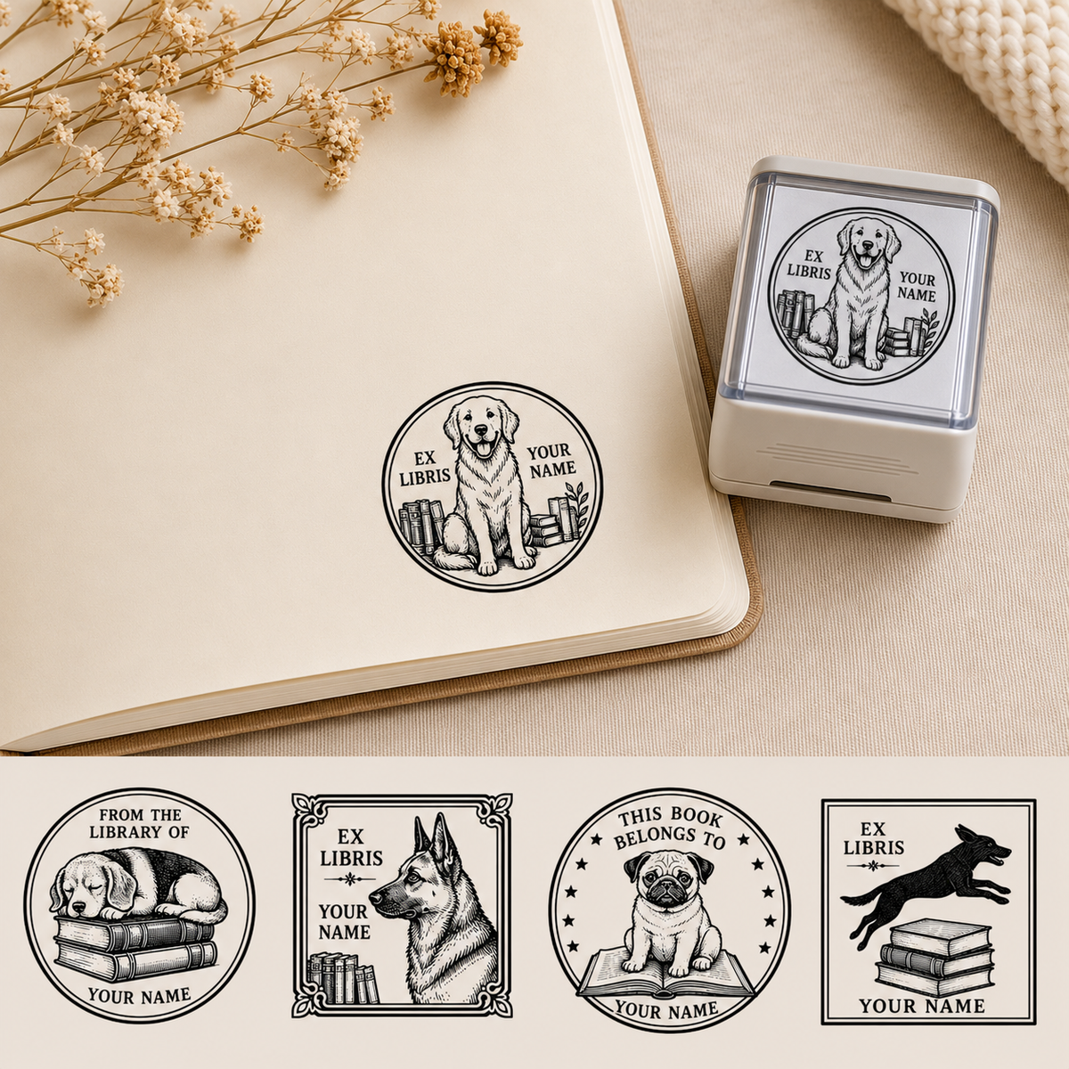 Dog library stamp pressed in black ink inside an open book