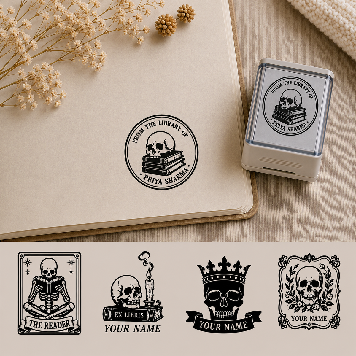 Gothic library stamp pressed in black ink inside an open book