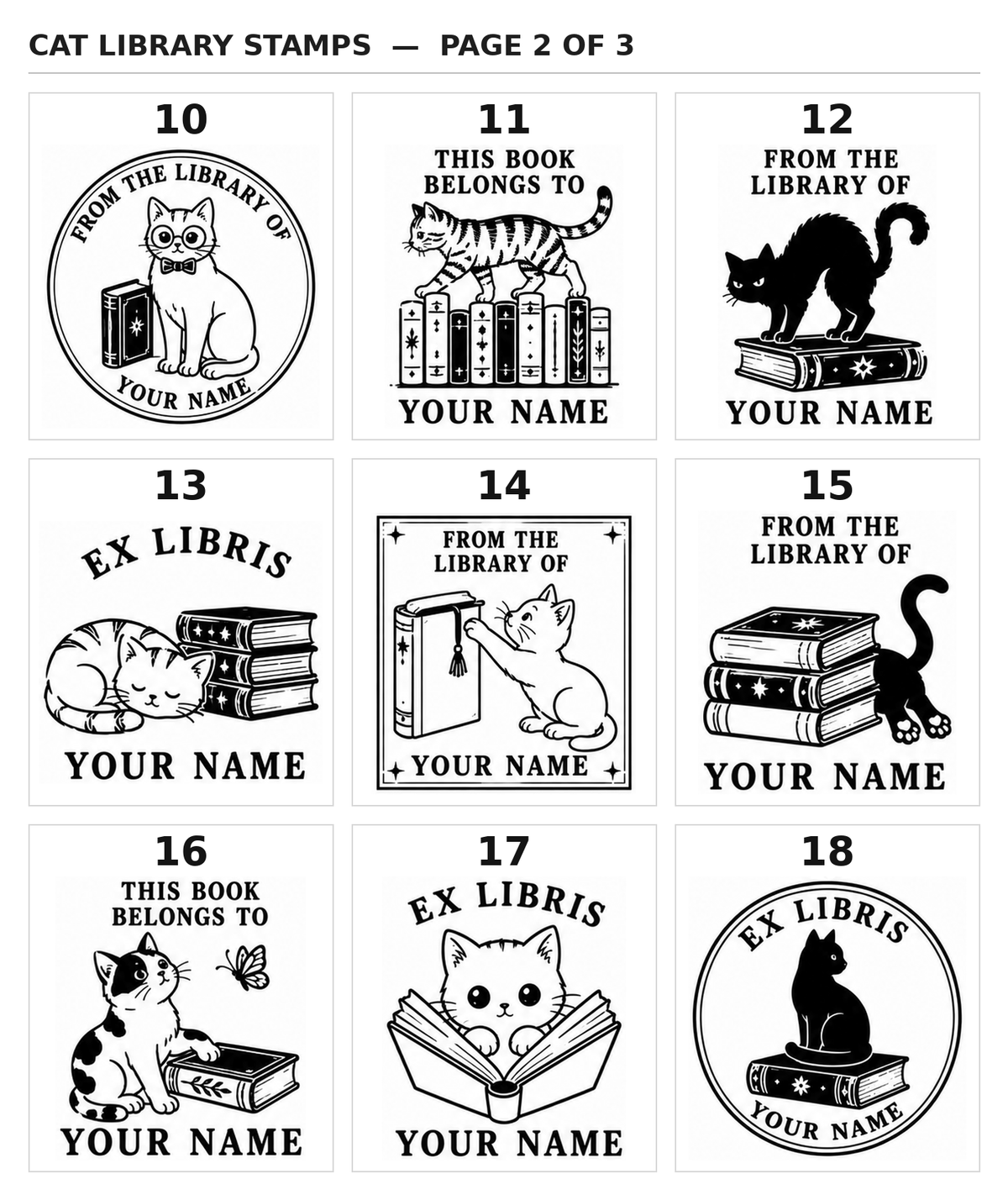 Cat library stamp designs 10 to 18, cats on book stacks and shelves