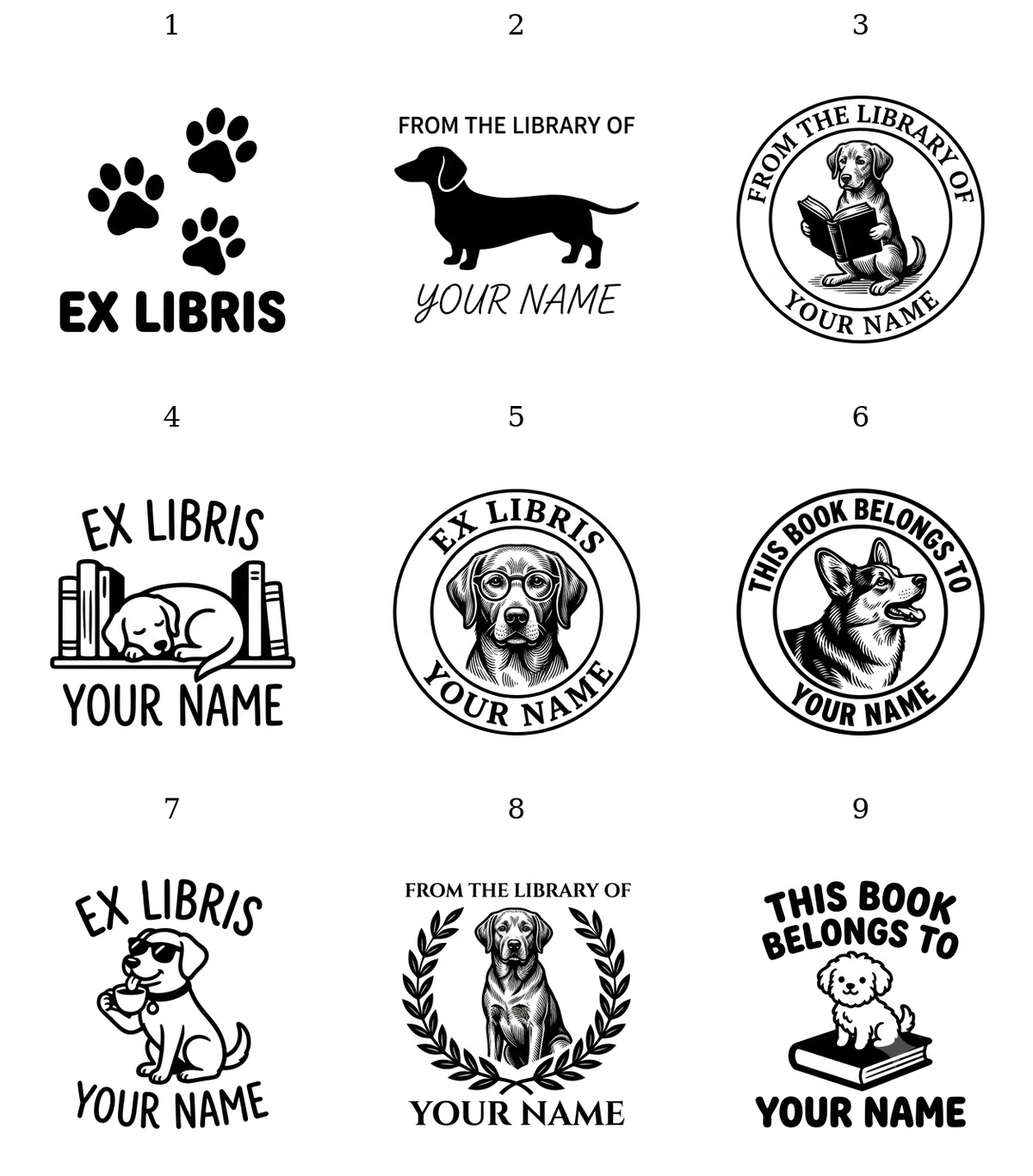 Dog library stamp designs 1 to 9, dogs with books and paw print motifs