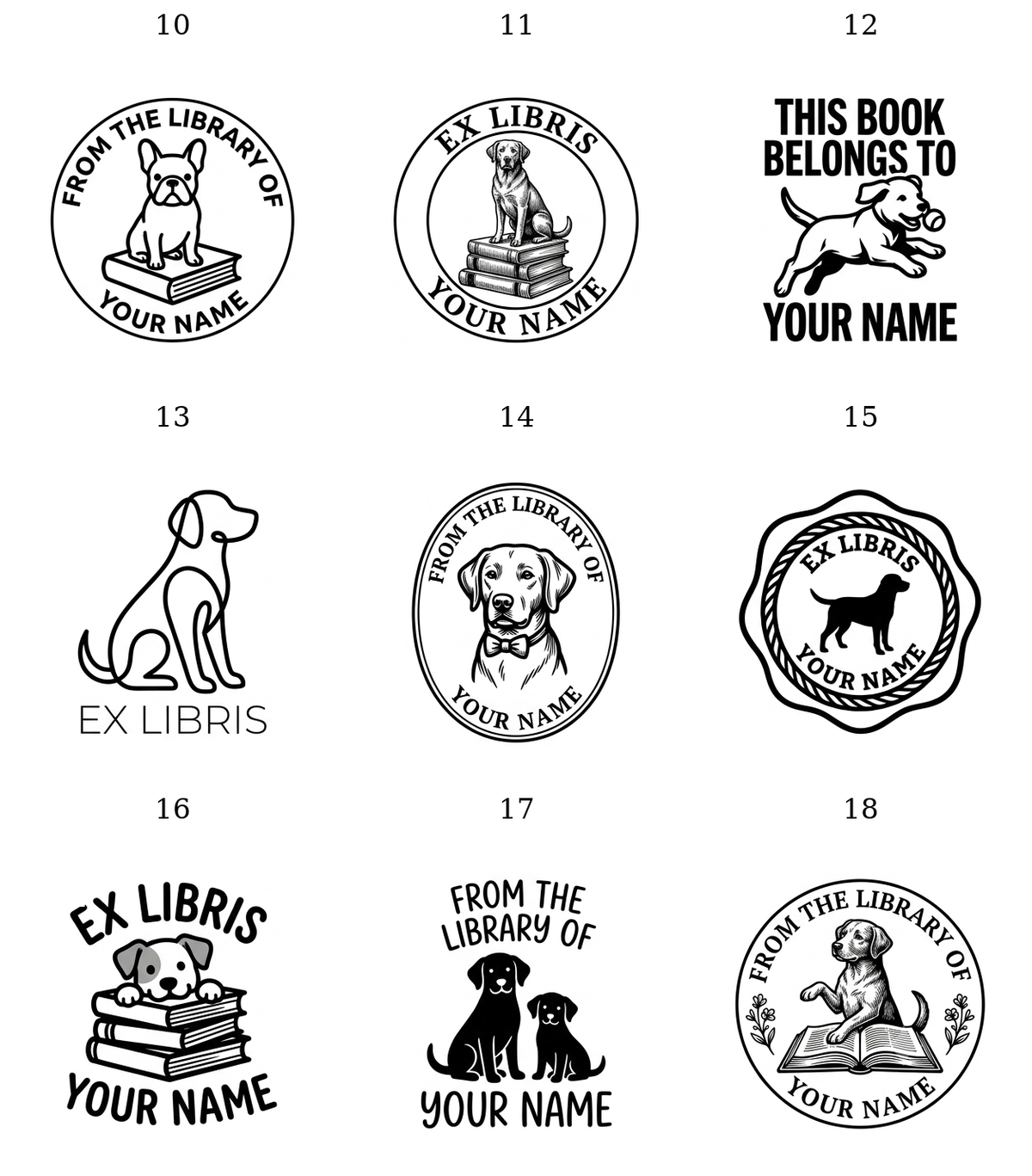 Dog library stamp designs 10 to 18, labradors and terriers reading