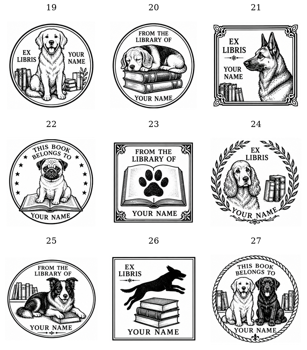 Dog library stamp designs 19 to 27, dog portraits in ex libris frames