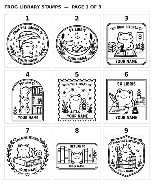 Frog library stamp designs 1-9: rain, hammock, librarian, bookshelf and lantern frog bookplate stamps