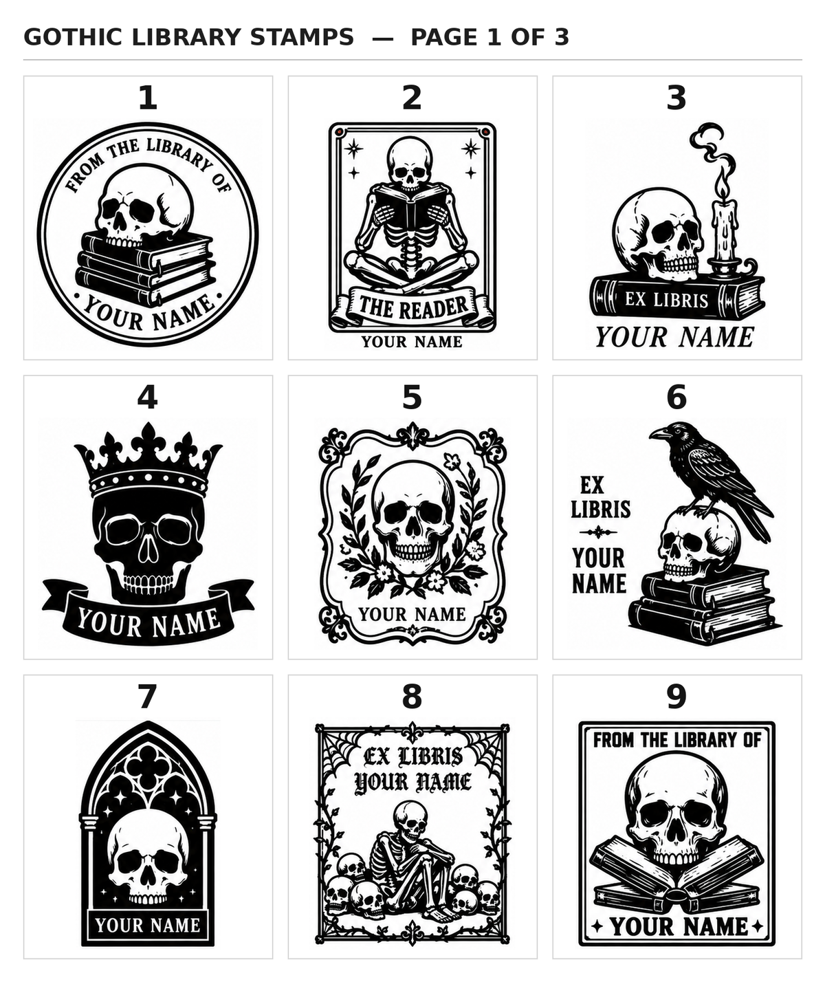 Gothic library stamp designs 1-9: crowned skull, tarot skeleton and candlelit skull bookplate stamps