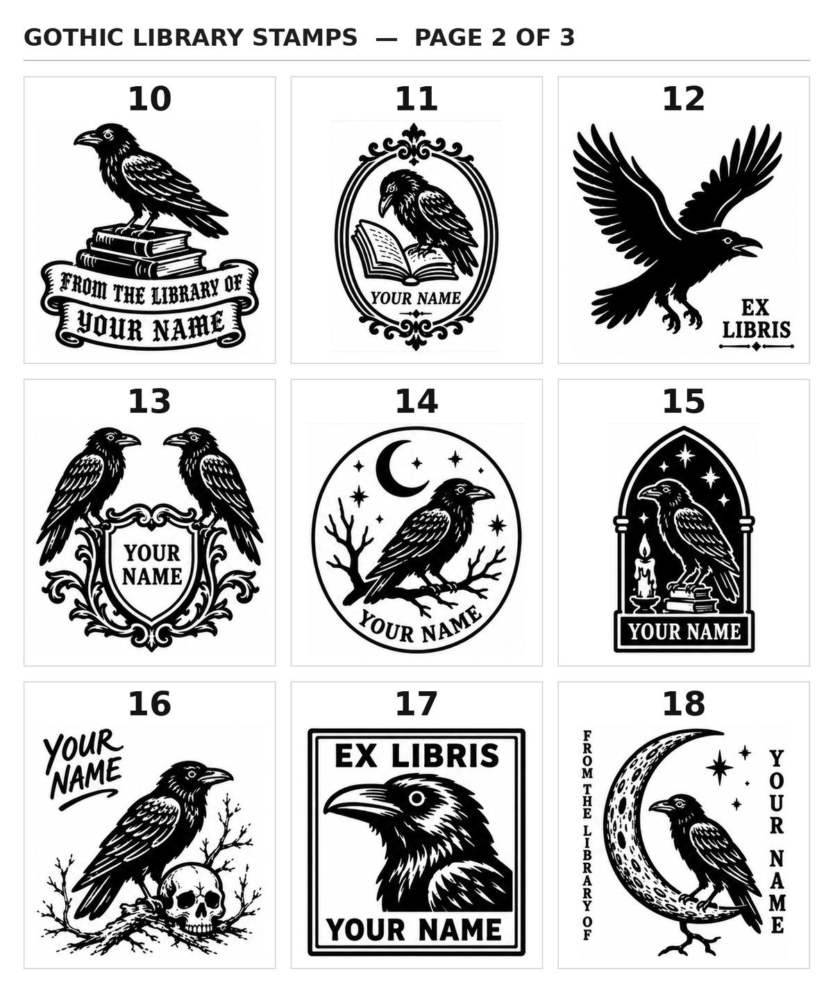 Gothic library stamp designs 10-18: raven on books, crescent moon raven and framed raven ex libris stamps