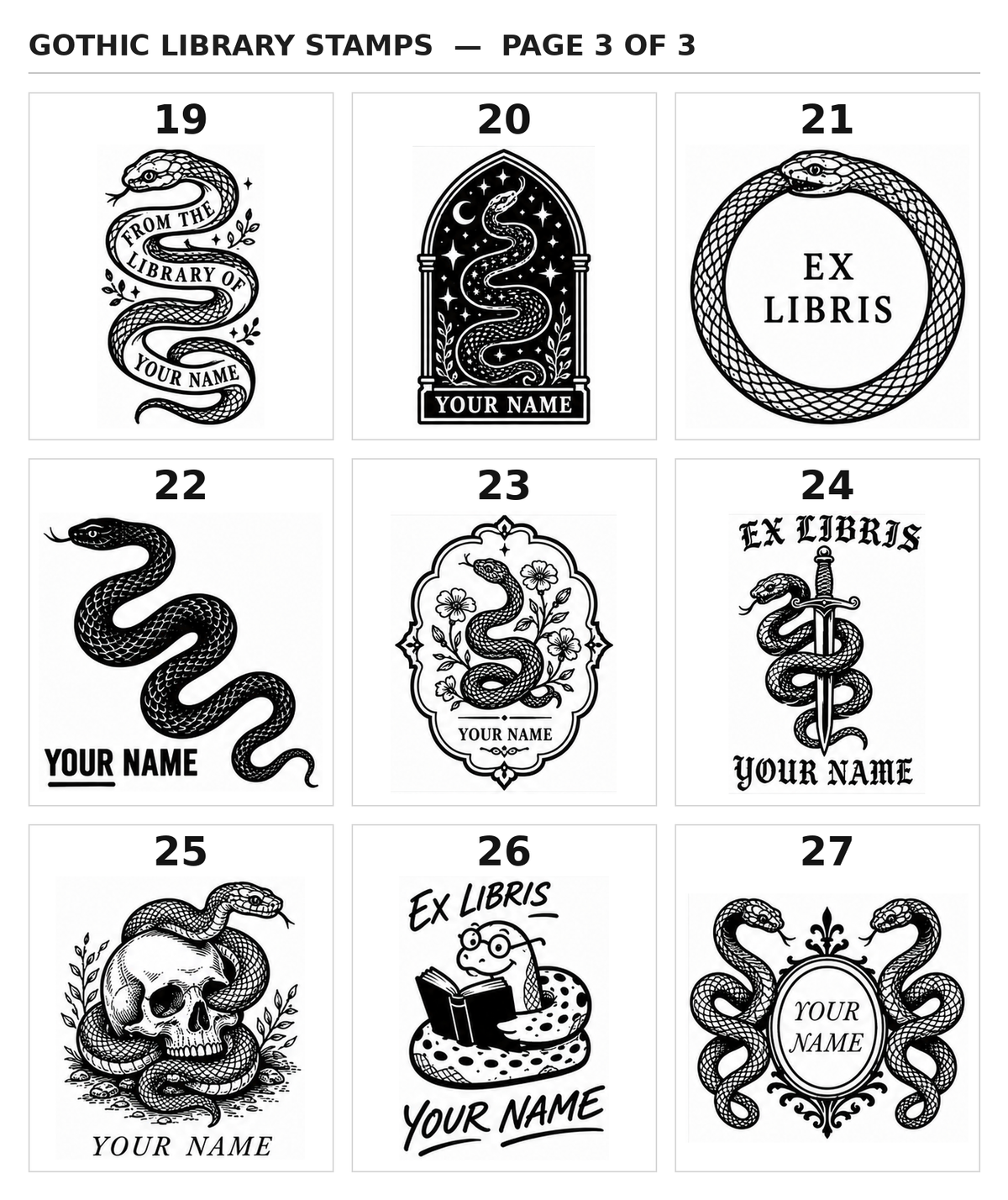 Gothic library stamp designs 19-27: ouroboros, snake and dagger, and floral serpent book stamps