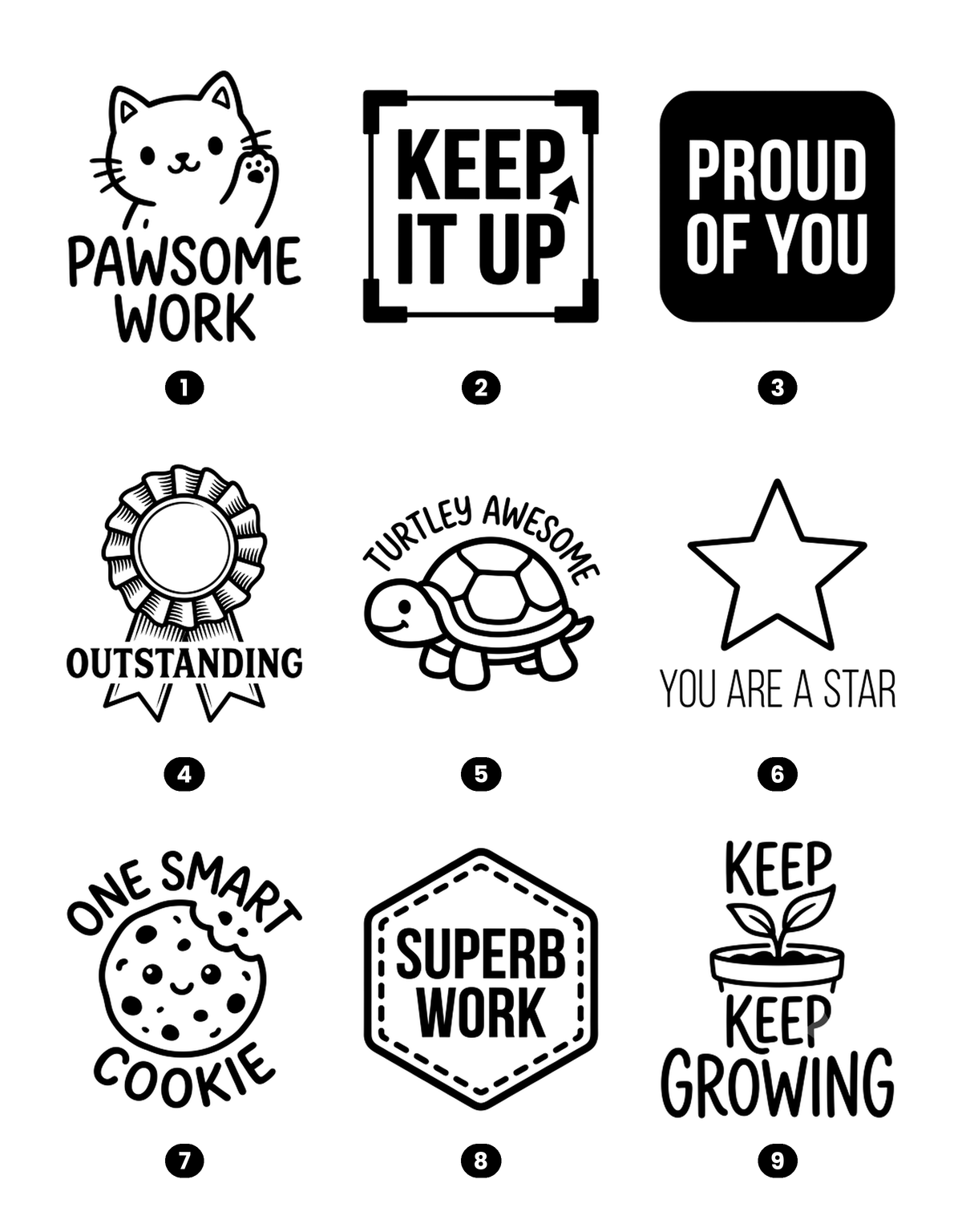 Teacher reward stamp design chart, Great Work and Well Done designs 1 to 9