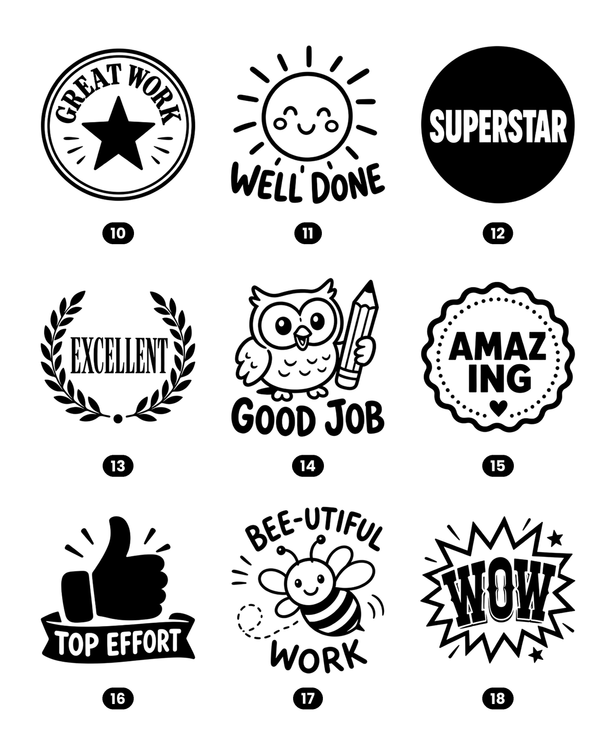 Teacher reward stamp design chart, Superstar and Good Job designs 10 to 18