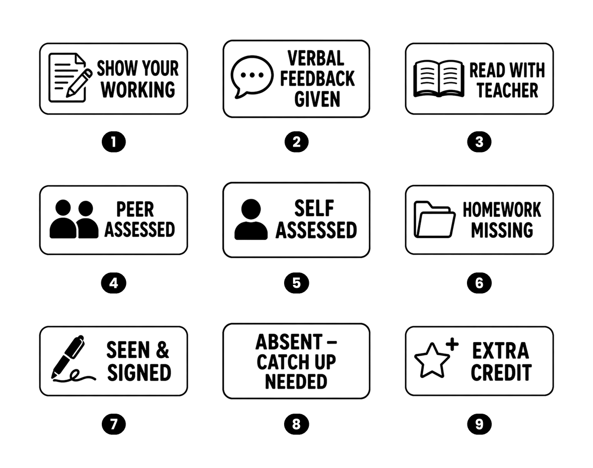 Teacher marking stamp design chart, grading phrases numbered 1 to 9
