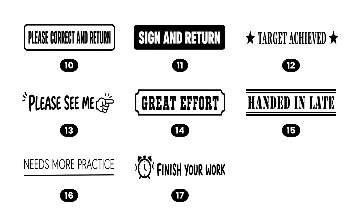 Teacher marking stamp design chart, grading phrases numbered 10 to 17