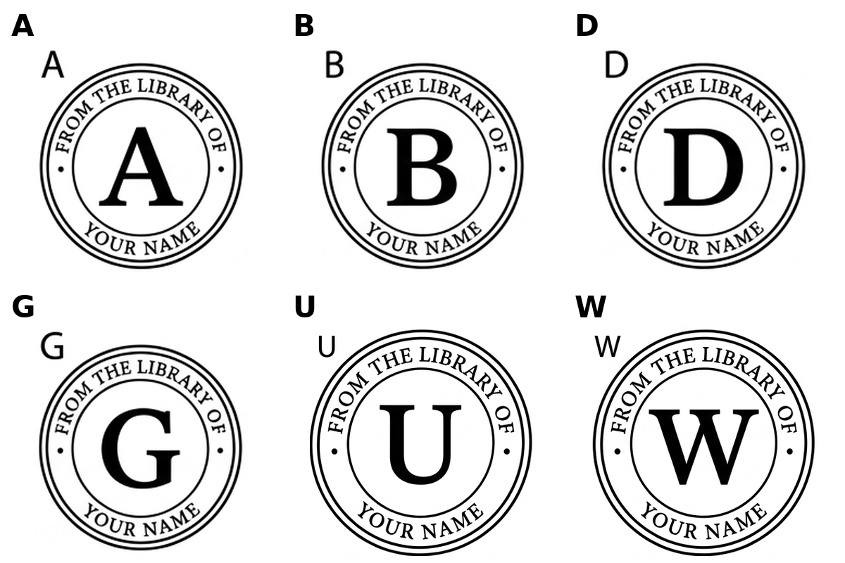 Monogram library stamp style chart, floral seal and botanical outline designs