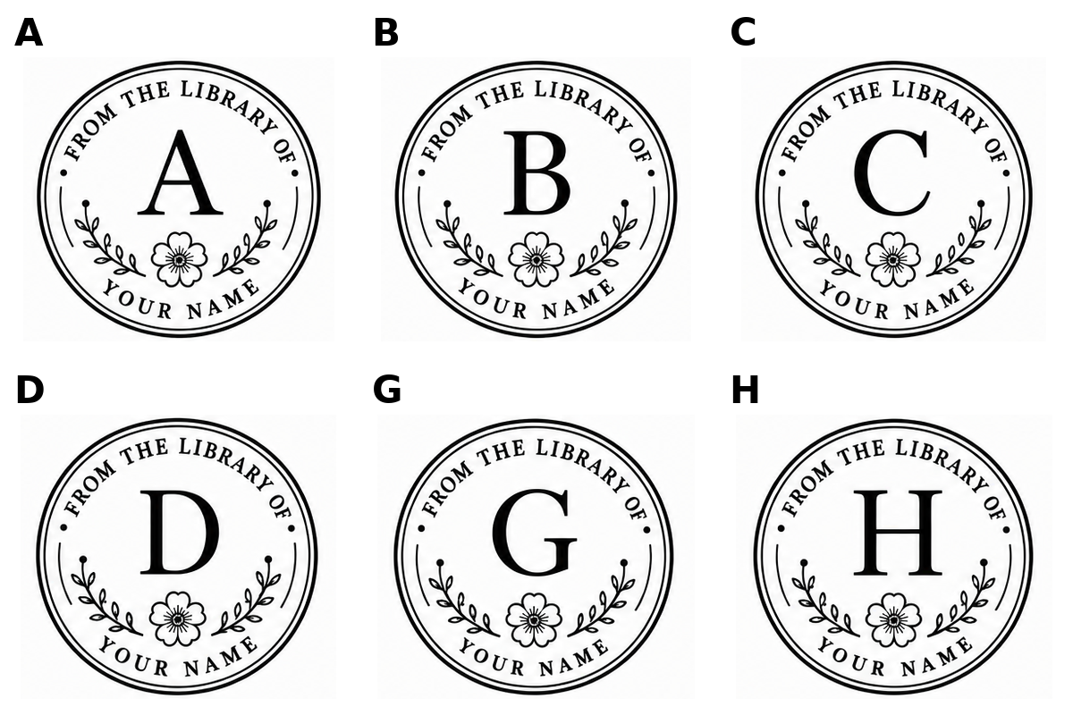Monogram library stamp style chart, bold cut-out initial design