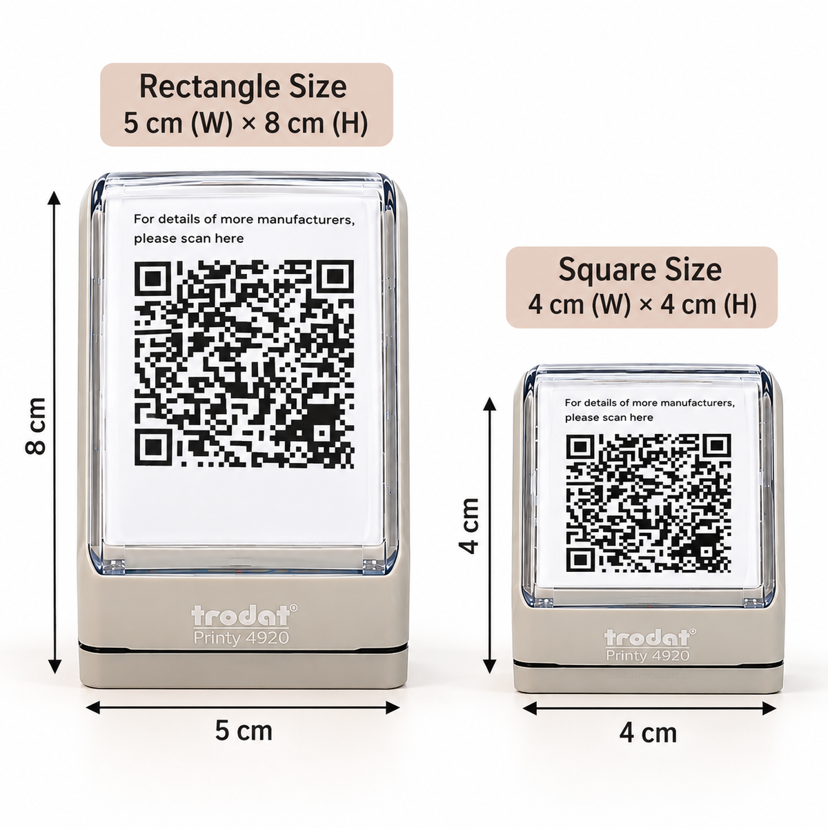 QR code stamp size guide showing 4x4 cm and 8x5 cm pre-inked stamp bodies